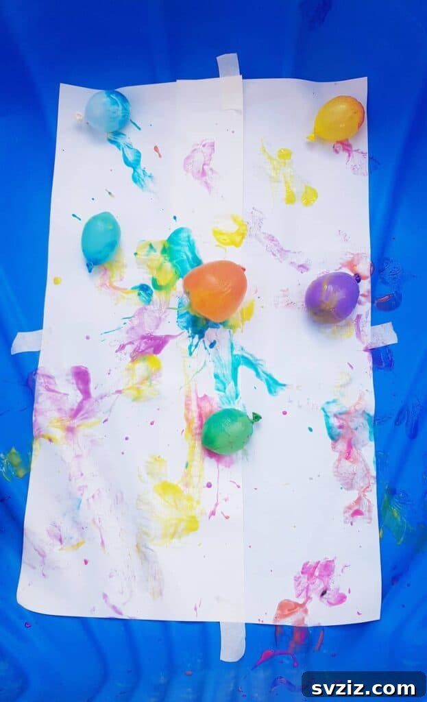 A child engaged in outdoor water balloon painting, using balloons dipped in paint to create unique patterns on paper.