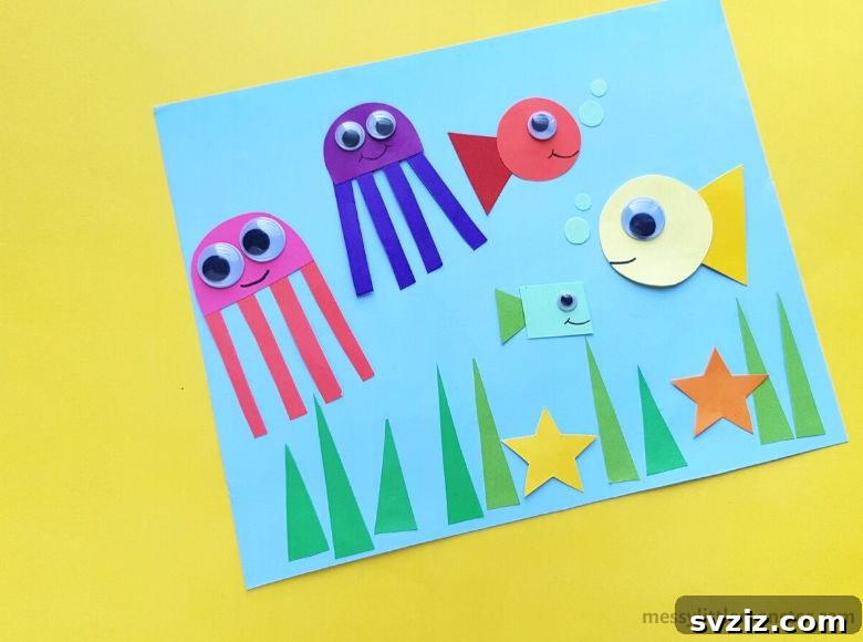 An 'Under the Sea' themed craft made from various paper shapes, perfect for teaching geometry to preschoolers.