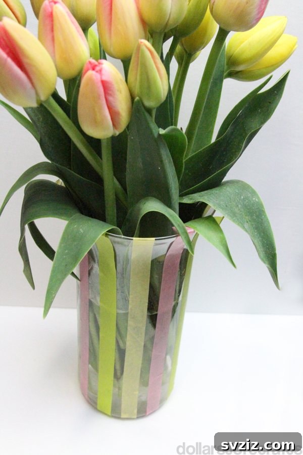 DIY Colorful Tulip Vase using Dollar Tree plastic vase and washi tape