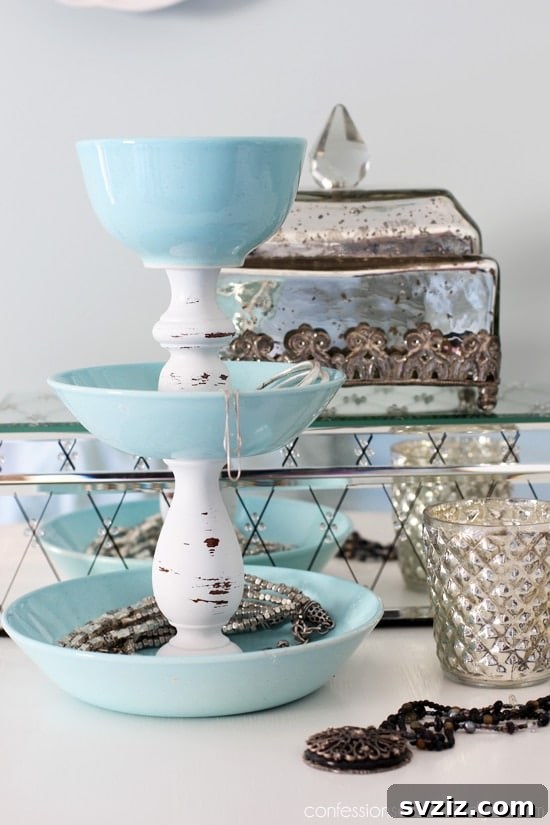 DIY 3-tiered Jewellery Stand from Dollar Tree plates and candle holders for elegant storage