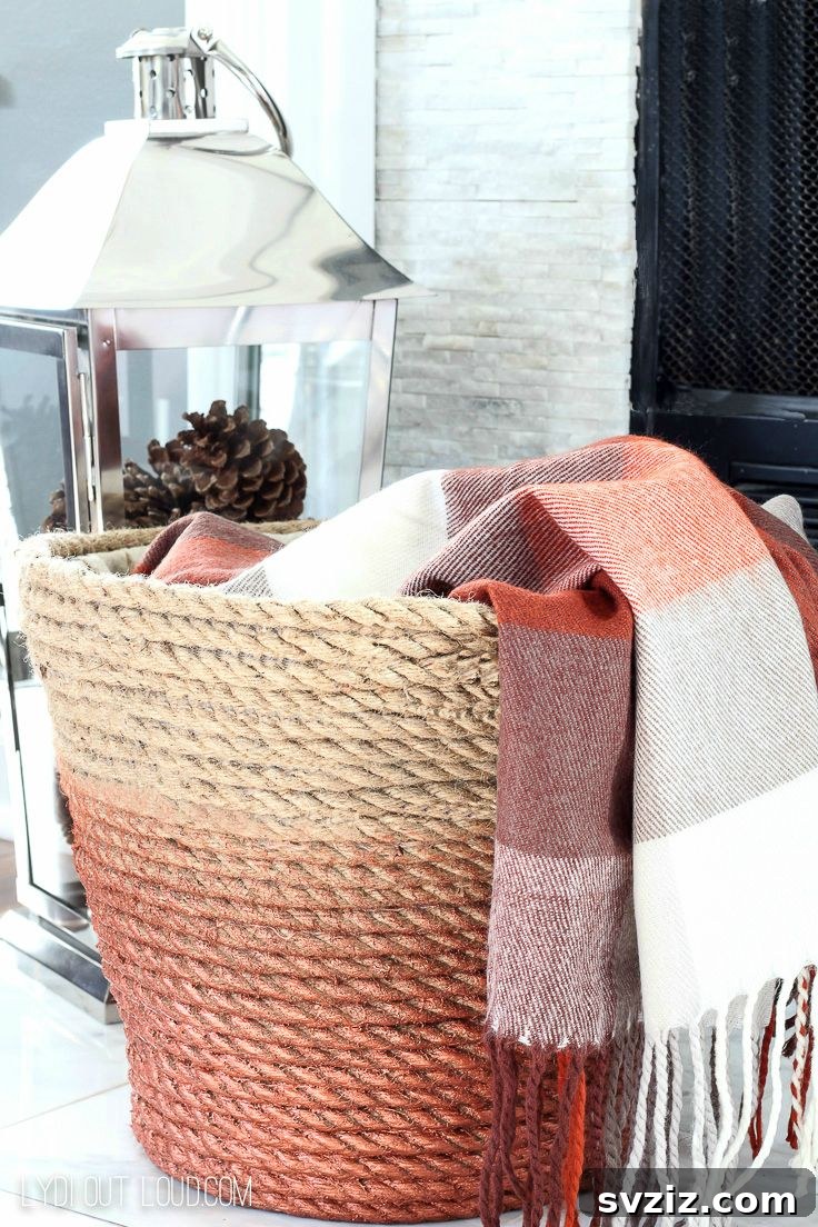 DIY Metallic Rope Basket using Dollar Tree laundry basket and jute rope for cozy storage