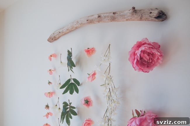 DIY Floating Flowers Wall Decor using Dollar Tree artificial flowers and driftwood