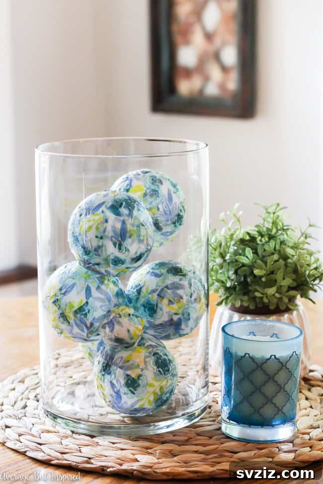 DIY Ball Vase Fillers from Dollar Tree plastic balls and decorative napkins