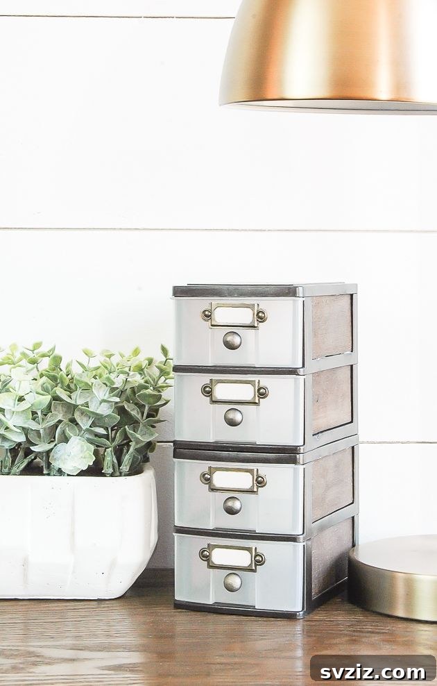 DIY Industrial Farmhouse Drawers from Dollar Tree plastic storage for stylish organization