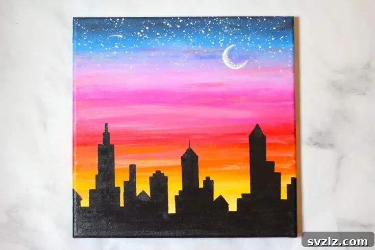 61 Charming & Simple Paintings for Aspiring Artists 20 Sunset Cityscape painting, an easy silhouette art for beginners