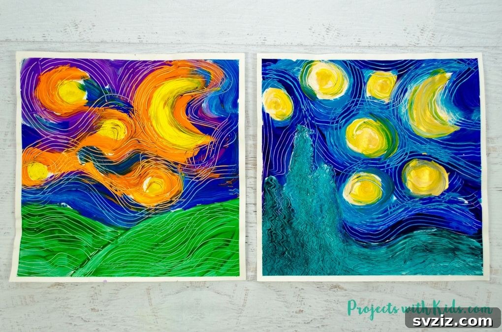 61 Charming & Simple Paintings for Aspiring Artists 24 Recreate Van Gogh's Starry Night using forks, a unique painting technique