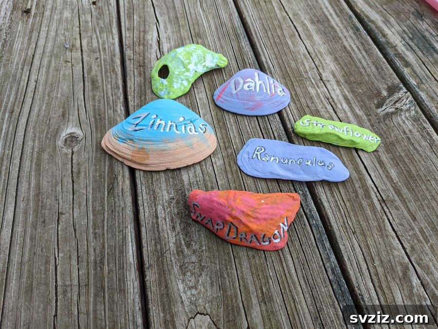 61 Charming & Simple Paintings for Aspiring Artists 4 DIY Seashell Plant Labels painted with colorful designs