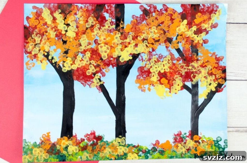 61 Charming & Simple Paintings for Aspiring Artists 42 Fall Tree Painting with Q-Tips, a textured art project for autumn colors
