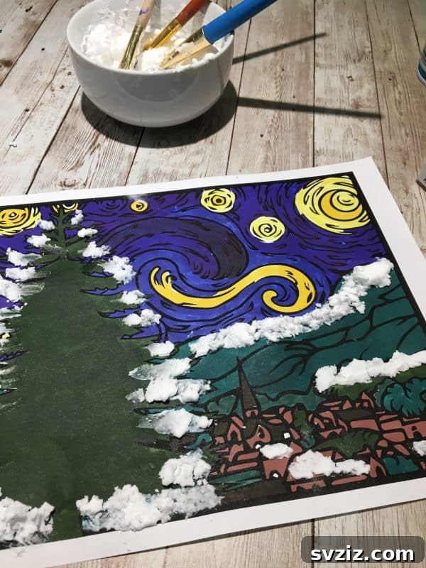 61 Charming & Simple Paintings for Aspiring Artists 47 Snowy Night Painting, inspired by Van Gogh, for winter art