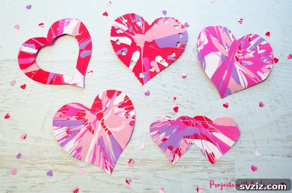 61 Charming & Simple Paintings for Aspiring Artists 54 Heart Spin Painting for Valentine's Day, a colorful and fun project