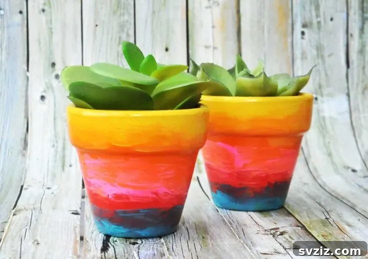 61 Charming & Simple Paintings for Aspiring Artists 58 Rainbow Ombre Flower Pots, an easy DIY painting project for garden decor