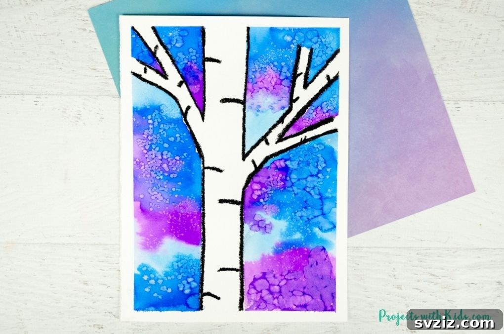 61 Charming & Simple Paintings for Aspiring Artists 59 Winter Birch Tree painting, a textured art project for kids