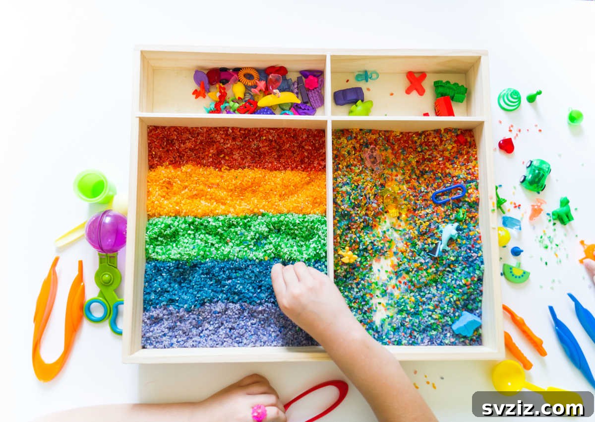 41 Creative Play Ideas for Two-Year-Olds 18 Various colorful items being sorted into matching colored bowls by a child.
