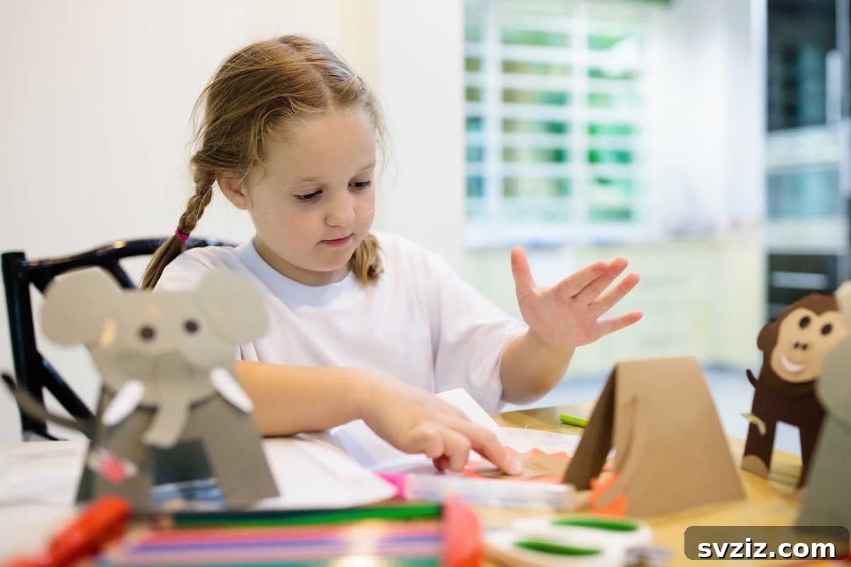 41 Creative Play Ideas for Two-Year-Olds 22 A child engaged in various paper craft activities, cutting and gluing.
