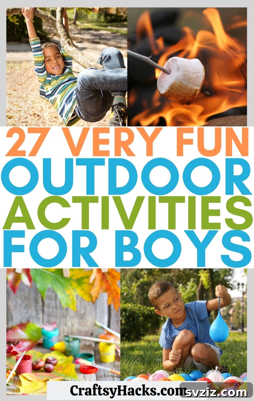 Collection of boys enjoying various outdoor activities like climbing, playing sports, and exploring nature. Fun outdoor games for kids.