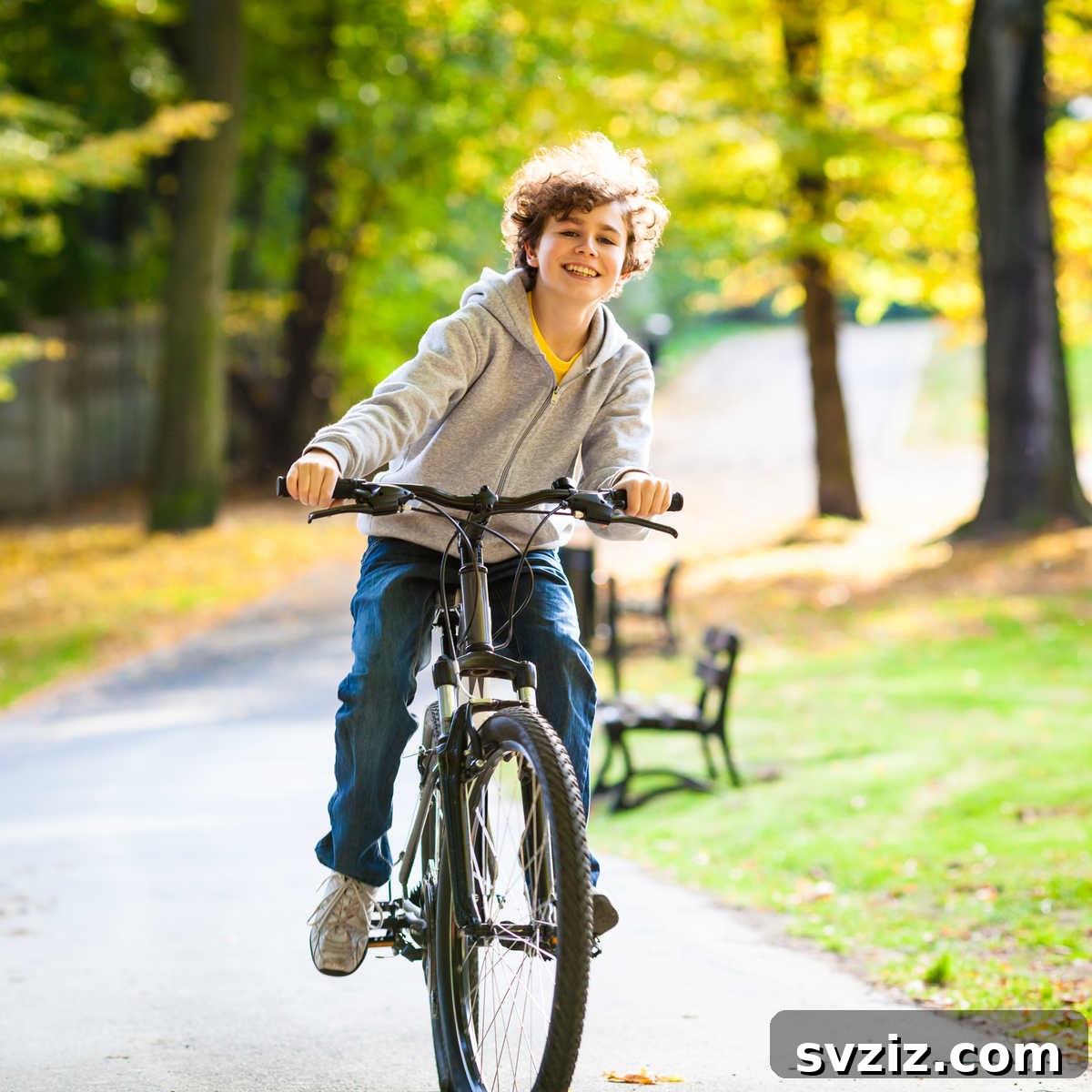 Boy riding his bicycle on a paved path in a park, enjoying an independent outdoor activity.