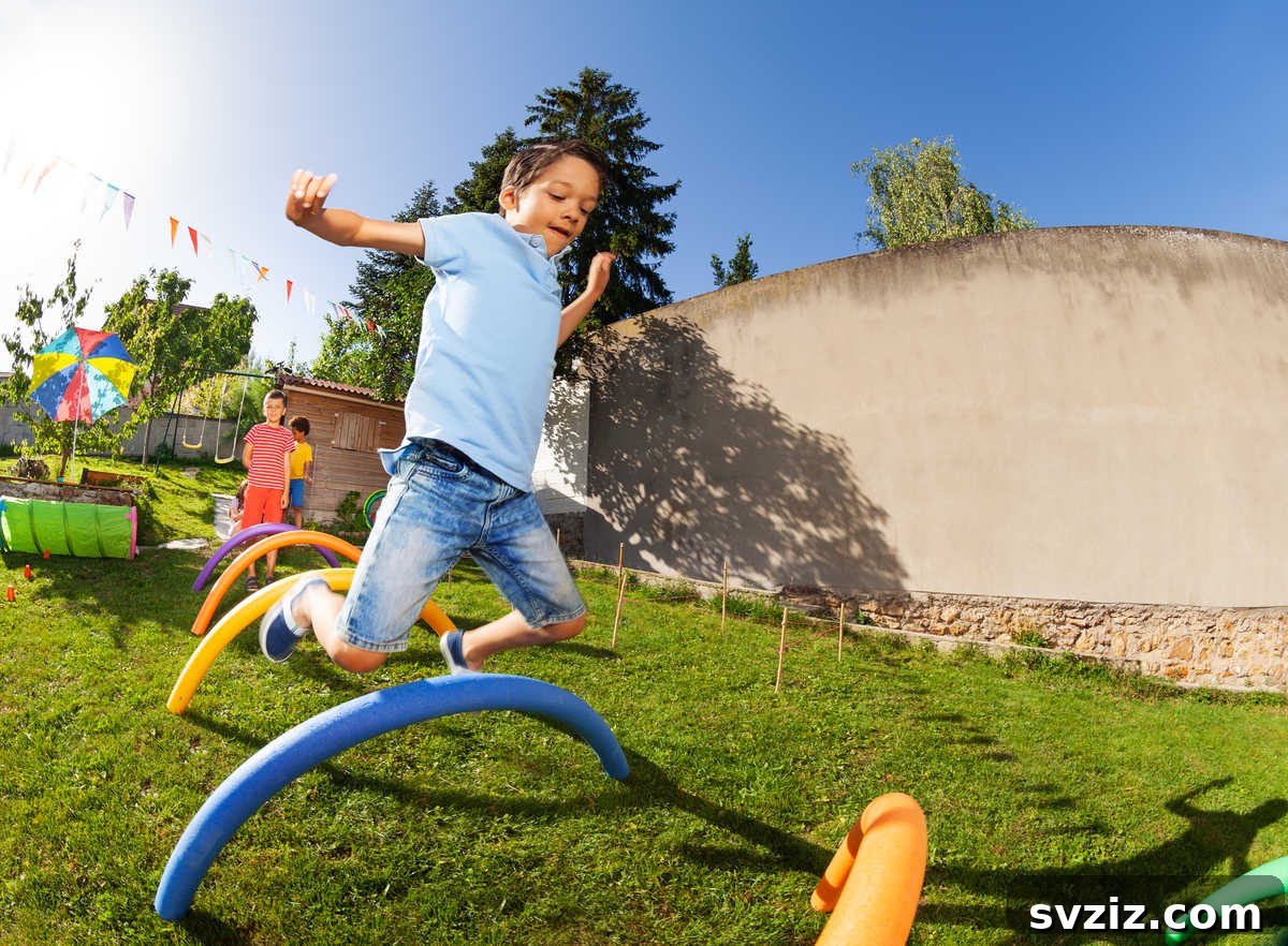 Boy navigating a fun backyard obstacle course with tunnels and cones, an excellent outdoor activity for boys.