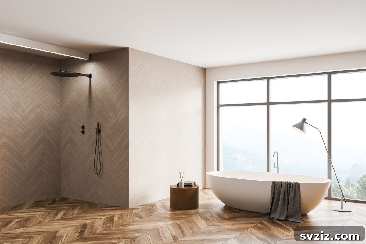 White and wooden minimalist walk-in shower