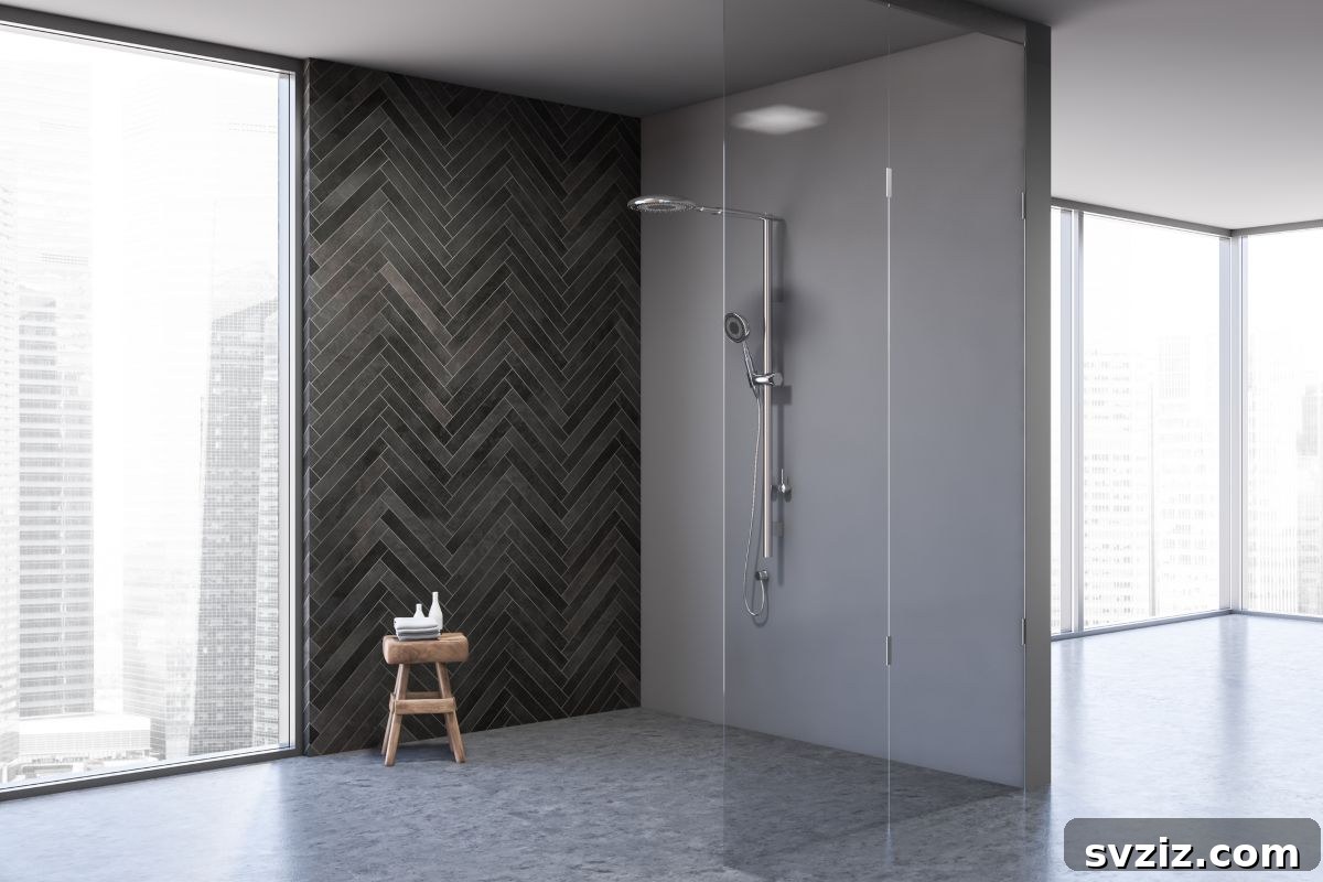 Black and grey wood walk-in shower design