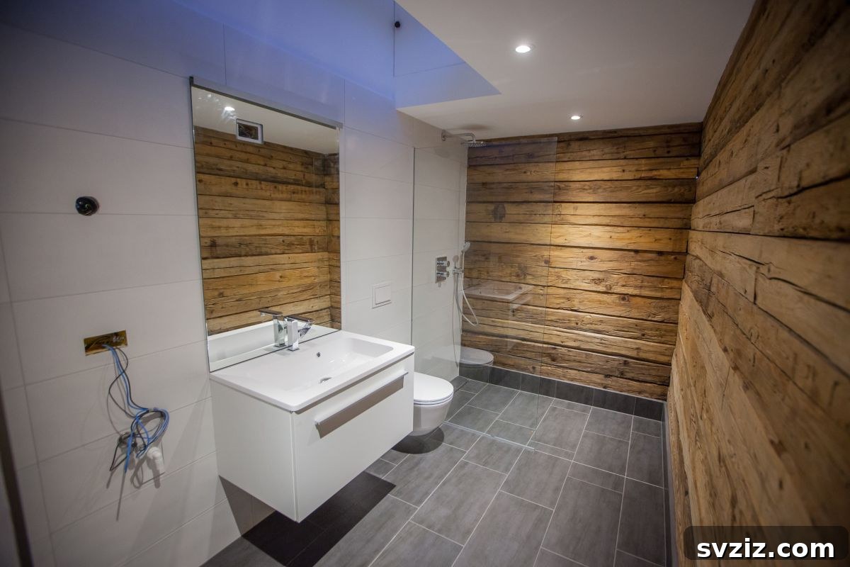 Walk-in shower with luxurious wooden walls