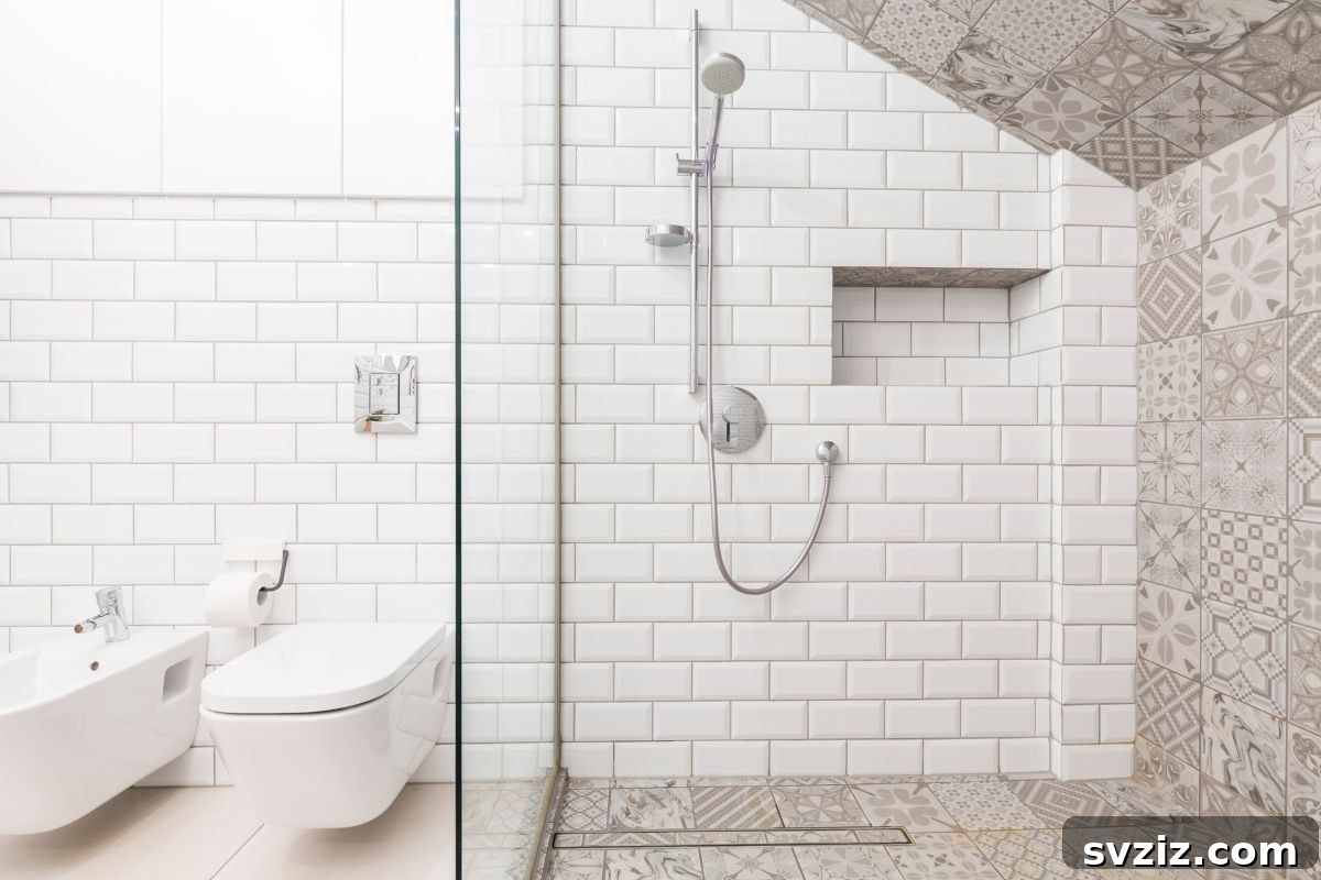 Walk-in shower with unique patterned tiles