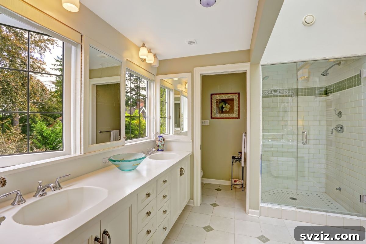 Spacious walk-in shower in a large bathroom