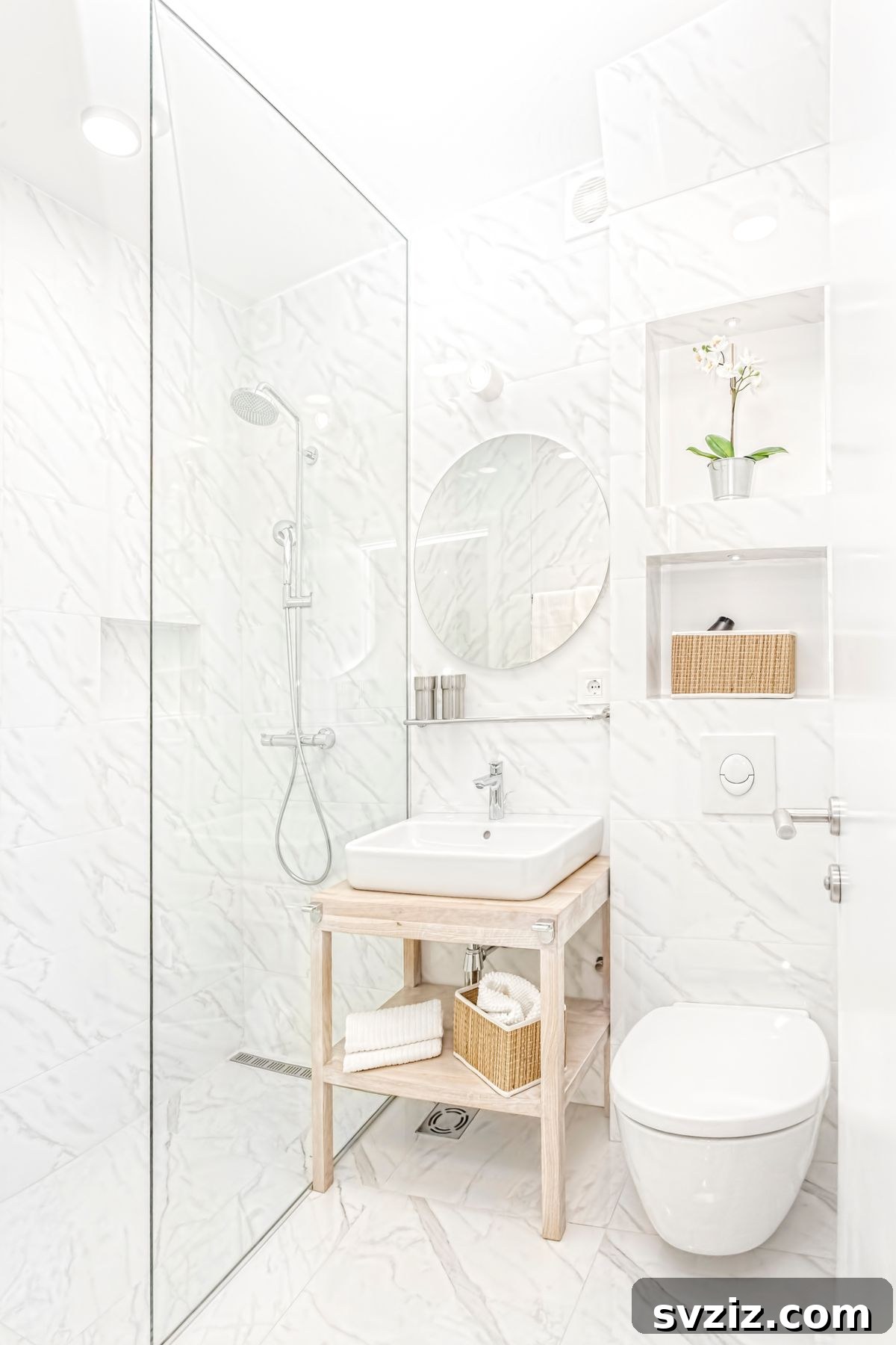 Bright white walk-in shower with natural light