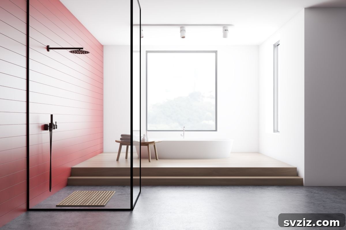 White and red walk-in shower accents