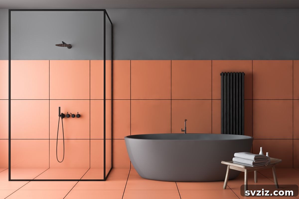 Walk-in shower with orange tile accents