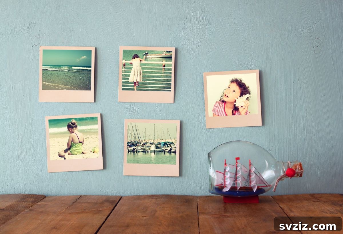 A collage of instant photos creatively arranged on a dorm wall, showcasing cherished memories and personal moments.