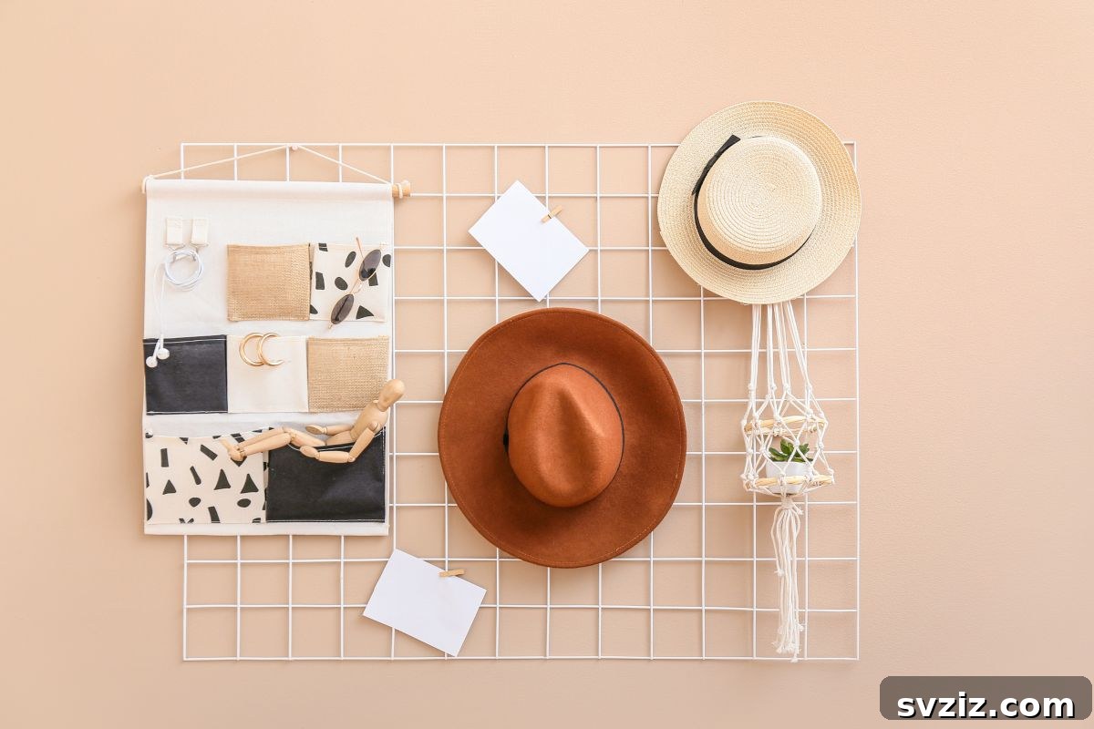 A practical fabric hanging organizer mounted on a dorm wall, providing extra storage for small items like notes and accessories.