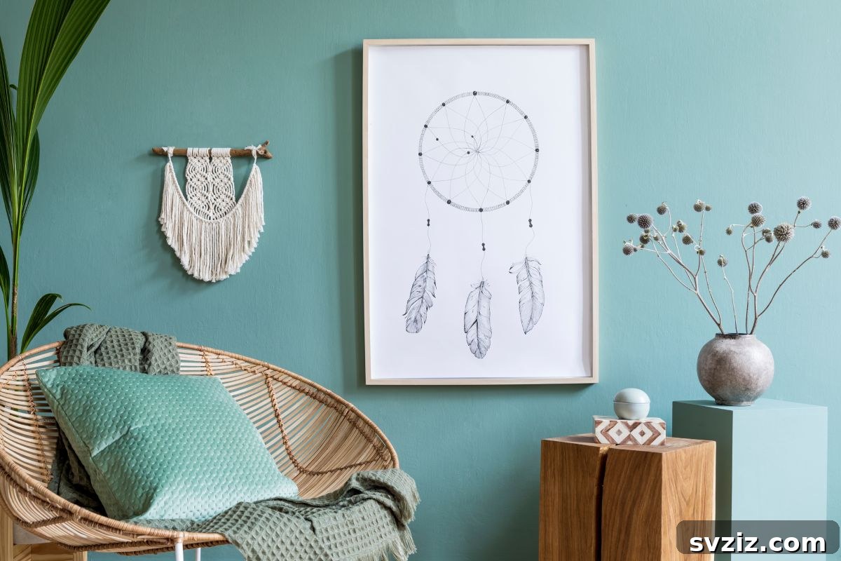 A textured macrame wall hanging with intricate bohemian patterns, adding warmth and artisan charm to a dorm wall.