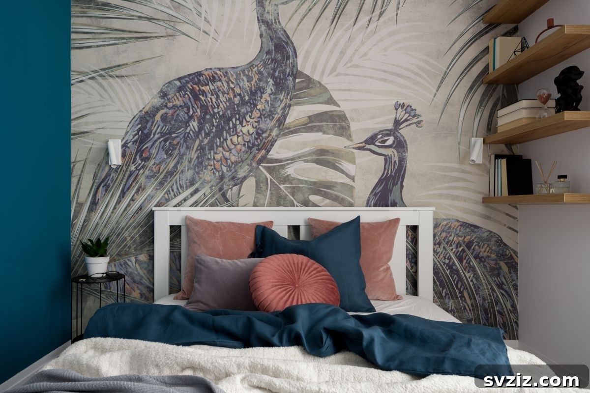 A dorm wall dramatically transformed with stylish temporary peel-and-stick wallpaper, featuring a modern geometric pattern.