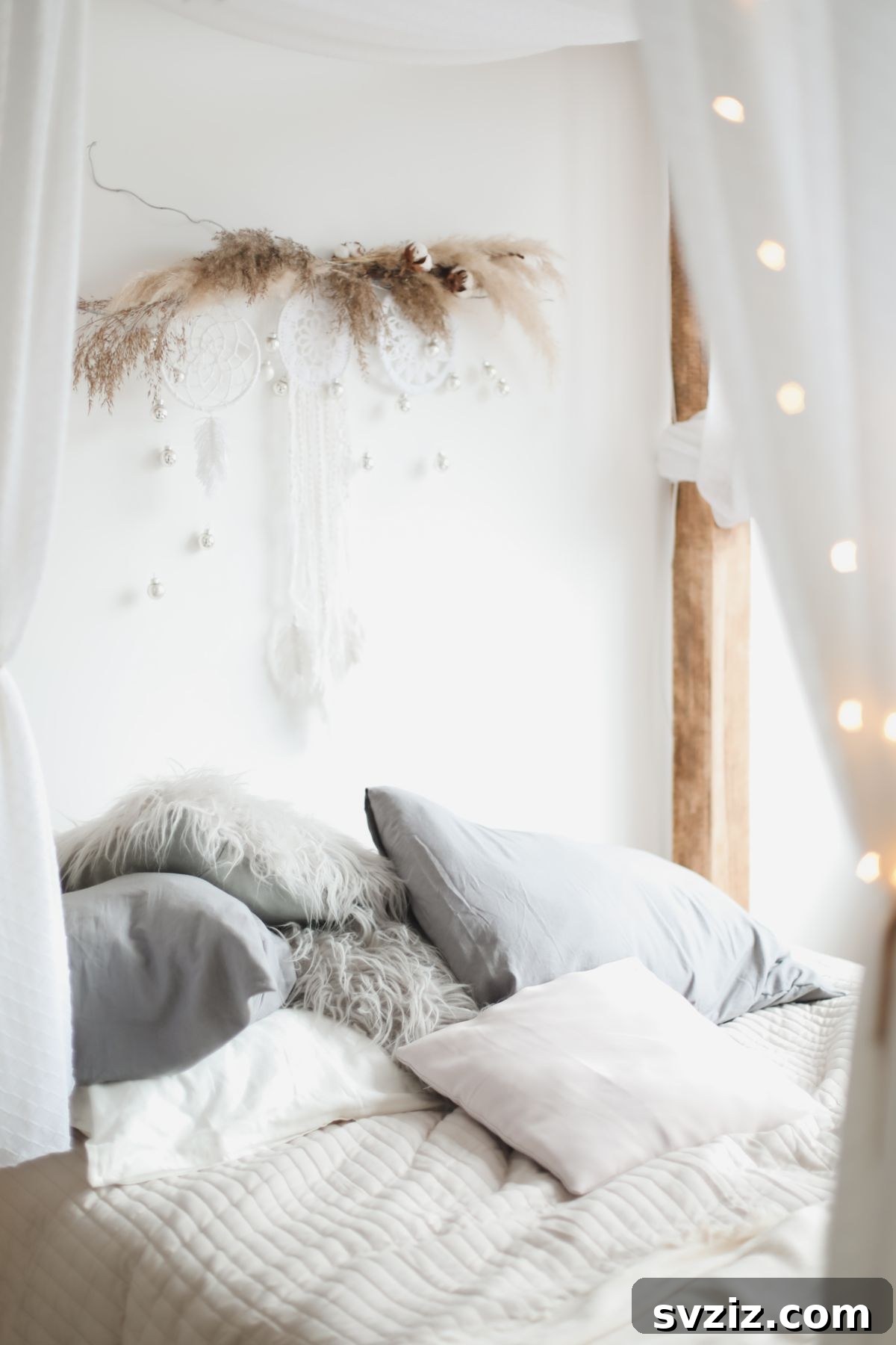 A collection of bohemian-inspired wall decor elements, including a macrame hanging and natural accents, creating a free-spirited and eclectic dorm room vibe.