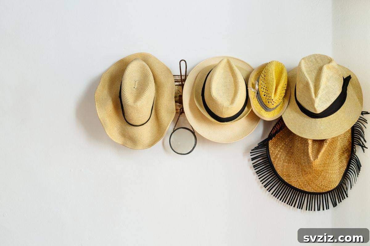 A stylish wall-mounted hat rack displaying a collection of various hats, serving as both practical storage and a unique decor element in a dorm room.