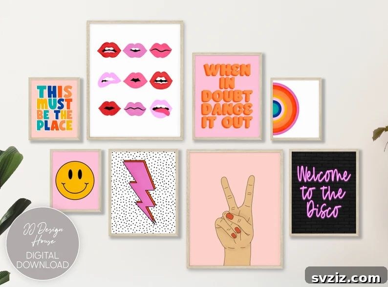 A collection of vibrant retro-themed art prints on a dorm wall, adding a timeless and cool aesthetic to the room.