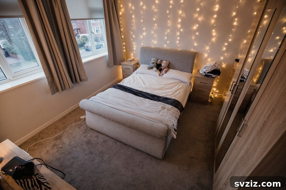 A cozy dorm room bathed in the warm glow of fairy lights, creating a soft and inviting atmosphere.