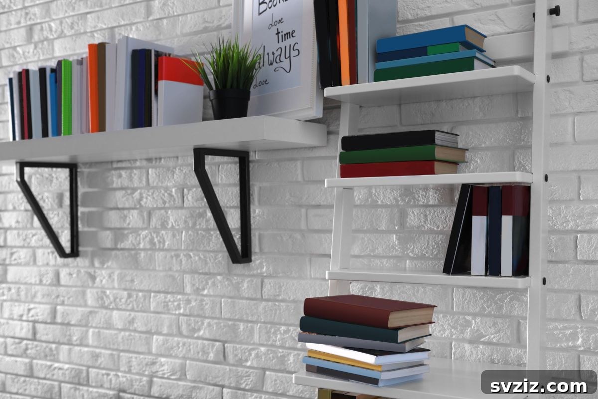 A minimalist dorm wall featuring invisible floating bookshelves, showcasing a collection of books in a clean, modern way.
