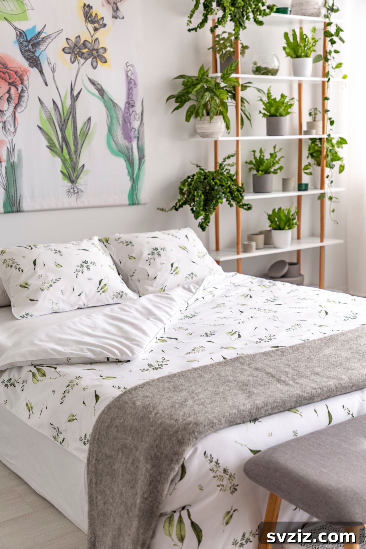 A vibrant plant wall in a dorm room, featuring various hanging and potted green plants, purifying the air and adding life.