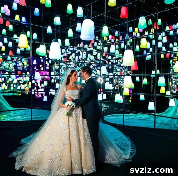 Dynamic Wedding Reception with Colorful Hanging Lights