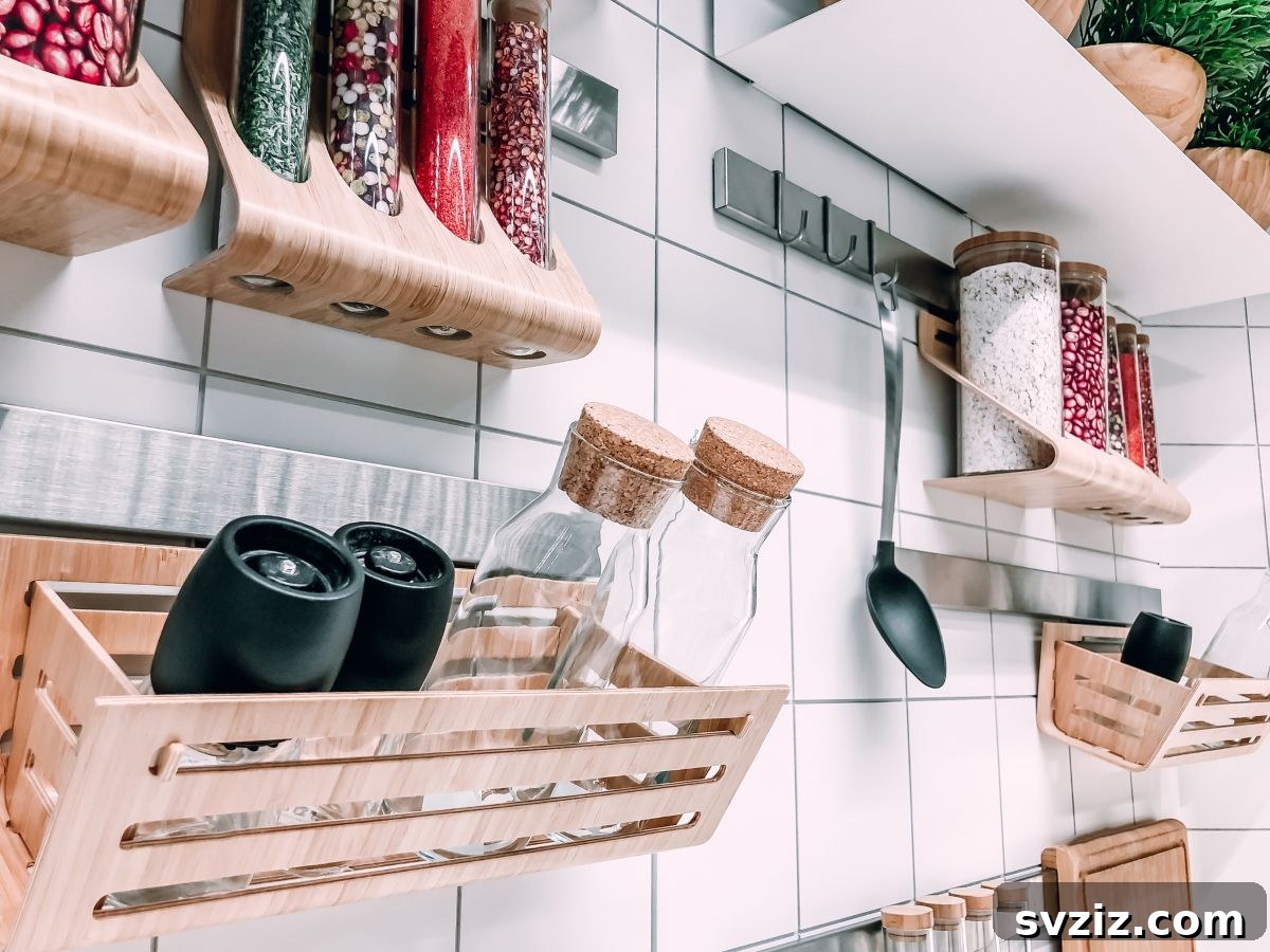 Elevate Your Kitchen: 41 Chic Wall Decor Ideas 11 Floating jar storage holders in a small kitchen