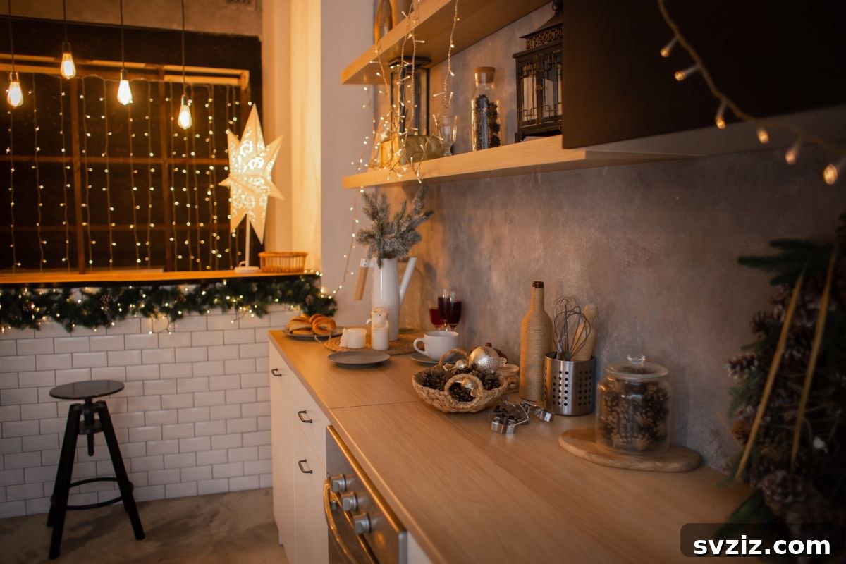 Elevate Your Kitchen: 41 Chic Wall Decor Ideas 24 Kitchen illuminated by warm fairy lights