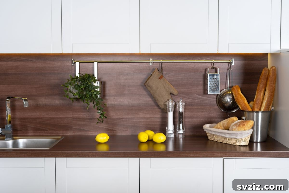 Elevate Your Kitchen: 41 Chic Wall Decor Ideas 37 Kitchen with a metal rod for hanging utensils