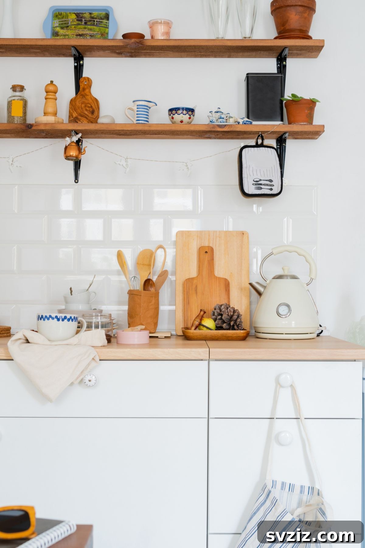 Elevate Your Kitchen: 41 Chic Wall Decor Ideas 38 Modern wooden shelving in a contemporary kitchen
