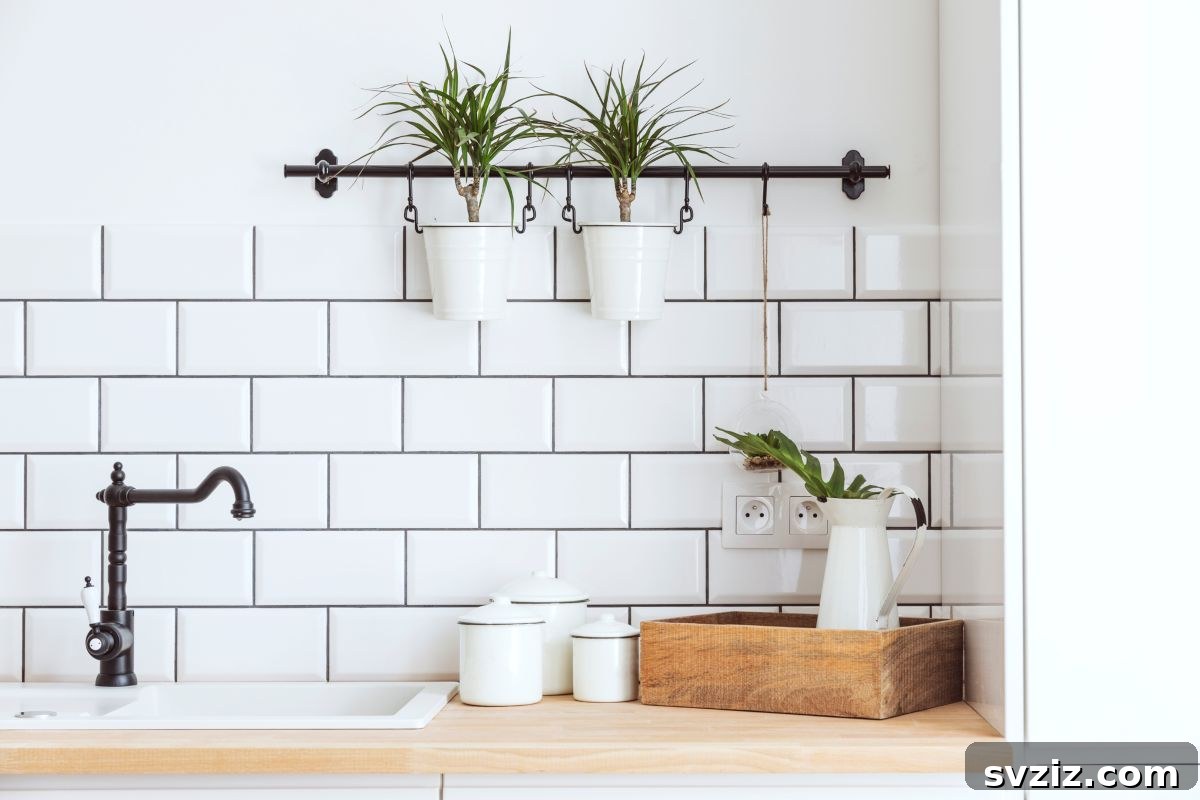 Elevate Your Kitchen: 41 Chic Wall Decor Ideas 10 Kitchen with Scandinavian pot plants on a hanging rod