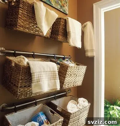 Decorative wall storage using Dollar Tree wicker baskets instead of traditional shelves