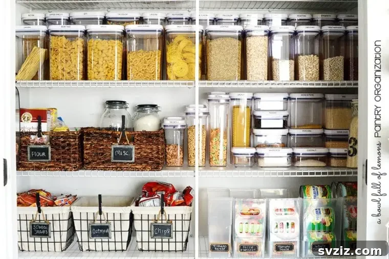 Neatly organized pantry with items labeled using Dollar Tree mini chalkboards