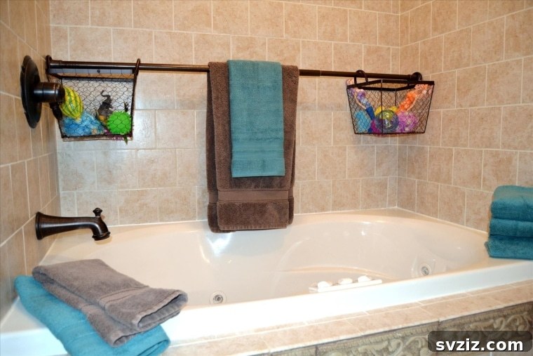 Creative bathroom storage using a Dollar Tree shower curtain rod and baskets