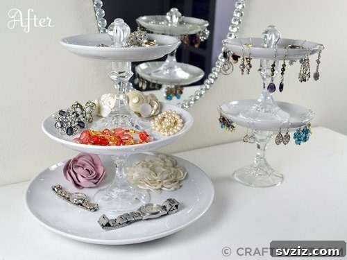 DIY tiered jewelry holder made from Dollar Tree plates and candlesticks
