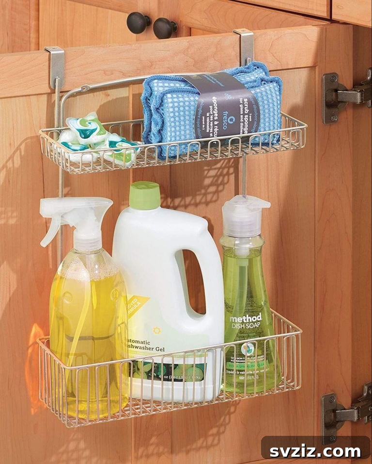 Under-sink organization with mesh baskets for bathroom appliances